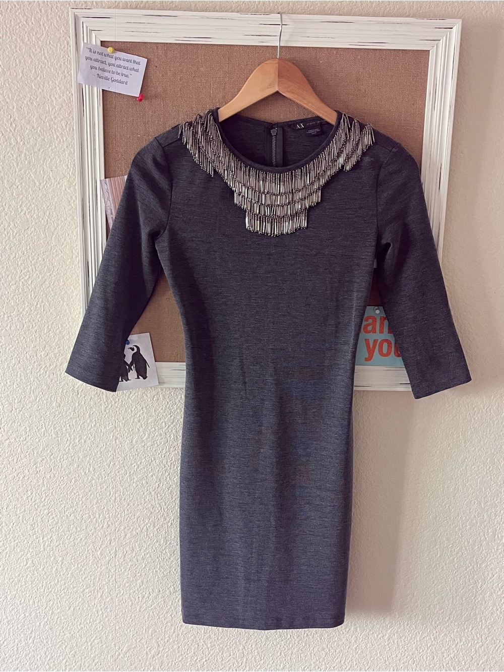 On & On We’ll Go // Armani Exchange Beaded Collar Charcoal Sheath Dress